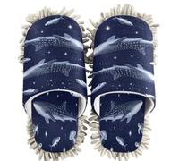 GuoChe Pantuflas de chenilla para limpieza de casa, ballena, océano, depredador, estrella, océano, vida marina, impresión artística, azul, blanco, criatura marina submarina