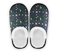 GuoChe Pantuflas de spa para mujer, forro polar coral, suela antideslizante, ligeras, para interiores y exteriores, invierno, dormitorio, talla M, Navidad azul marino verde tartán estrellas lunas