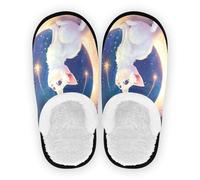 GuoChe Pantuflas de spa para mujer, forro polar coral, suela de goma antideslizante, pantuflas de viaje, hotel, viaje, dormitorio, avión fiesta, talla M, Gato blanco en luna creciente, Large