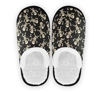 GuoChe Pantuflas de spa para mujer, forro polar mullido, suela antideslizante, pantuflas suaves para el hogar, oficina, viajes, yoga, talla M, Esqueletos bailando sobre patrón negro, Medium