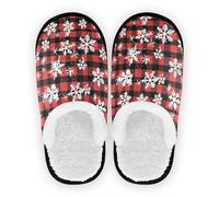 GuoChe Pantuflas para hombre y mujer, de forro polar coral, antideslizantes, suaves, para casa, dormitorio, oficina, viajes, yoga, talla M, Copos de nieve sobre cuadros rojos y negros, Medium