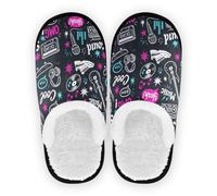 GuoChe Pantuflas para mujer y hombre, forro polar mullido, suela de goma antideslizante, pantuflas de viaje, hotel, viaje, dormitorio, avión fiesta, talla M, Music Doodle Black White, Medium
