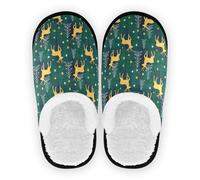 GuoChe Pantuflas para mujeres y hombres, forro polar coral, suela de goma antideslizante, zapatos suaves para el hogar, dormitorio, oficina, viajes, yoga, talla M, Reno dorado navideño y árboles sobre