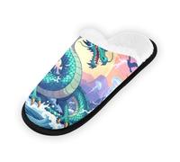 GuoChe Pantuflas suaves antideslizantes para interiores, para el hogar, dormitorio, hotel, viajes, spa, azul mítico, dragón chino, océano, rayo, arte de fantasía, Mítico dragón chino azul océano rayo