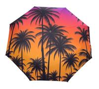 GuoChe Paraguas automático de un solo toque, botón de apertura y cierre automático, paraguas compacto de viaje para mujeres, hombres, niños, palmeras, atardecer, paraíso tropical, playa, cocotero
