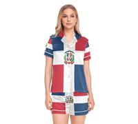GuoChe Pijama de satén para mujer con bolsillos, 2 piezas, ropa de dormir suave, talla S, Bandera Nacional de República Dominicana, XL