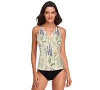 GuoChe Tankini para mujer, camiseta sin mangas con control de abdomen para playa, talla XS, Flor de primavera beige lavanda, XL