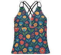 GuoChe Tankini para mujer, camiseta sin mangas con control de abdomen para playa, talla XS, Patrón floral de arte popular, XS