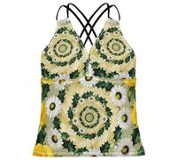 GuoChe Tankini para mujer, secado rápido, cuello en V, traje de baño, talla XS, Mandala rosa amarilla y margarita, M