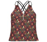 GuoChe Tankini para mujer, traje de baño con control de abdomen para playa, talla XS, Coronas y velas doradas a cuadros rojos de Navidad, Large