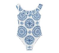 GuoChe Trajes de baño suaves con volantes para niñas de 3 a 6 años, Forma angular azul y blanca, 3 años