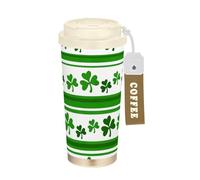 GuoChe Vasos de café a rayas de trébol del día de San Patricio para mujer, taza de café sobre la marcha con tapa, taza de café de acero inoxidable para bebidas frías y calientes, 17 onzas