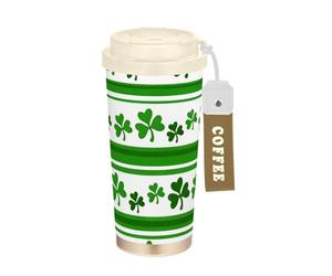 GuoChe Vasos de café a rayas de trébol del día de San Patricio para mujer, taza de café sobre la marcha con tapa, taza de café de acero inoxidable para bebidas frías y calientes, 17 onzas
