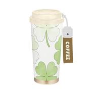 GuoChe Vasos de café blanco de trébol verde claro para mujer, taza de café con tapas, taza de café de acero inoxidable aislada para bebidas frías y calientes, 17 onzas