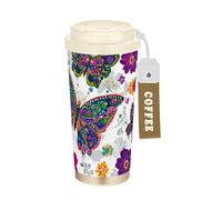 GuoChe Vasos de café coloridos de viaje con diseño de mariposas y flores para mujer, tazas con tapa, de acero inoxidable, aisladas, para bebidas calientes y frías, a prueba de derrames de 17 onzas