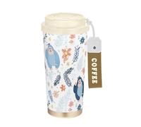 GuoChe Vasos de café de viaje con diseño de pingüino y flores con tapa, tazas térmicas de acero inoxidable para bebidas frías y calientes, 481.9 g, a prueba de fugas