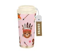 GuoChe Vasos de café de viaje con diseño tribal de oso zorro con fondo rubor para mujer, taza con tapas, tazas de acero inoxidable aisladas para frío y calor, 17 onzas, a prueba de derrames