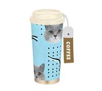 GuoChe Vasos de viaje de café azul claro y gris con diseño de gato y línea abstracta para mujer, tazas con tapas, taza de acero inoxidable aislada para frío y calor, 17 onzas, a prueba de fugas