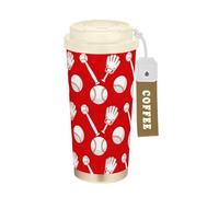 GuoChe Vasos de viaje de café con diseño de béisbol y murciélago de fondo rojo para hombre, taza Togo con tapas, taza de acero inoxidable aislada para frío y calor, 17 onzas, a prueba de fugas