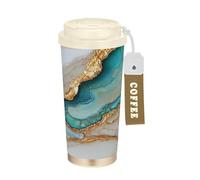 GuoChe Vasos de viaje de café con diseño de mármol blanco turquesa para hombre, taza para llevar con tapa, acero inoxidable, aislados para frío y calor, 17 onzas, a prueba de fugas
