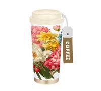 GuoChe Vasos de viaje de café con diseño de peonía y narciso mixto para mujer, taza de viaje con tapa, vasos de acero inoxidable aislados para frío y calor, 17 onzas, a prueba de derrames