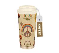 GuoChe Vasos de viaje retro con diseño de símbolo de la paz, hippie, para taza de café con tapa, vasos aislados de acero inoxidable para frío y calor, 17 onzas, a prueba de fugas
