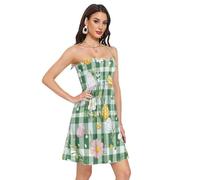 GuoChe Vestidos de verano para mujer, suaves, casuales, sin tirantes, para ir de compras, viajes, playa, Huevos de Pascua y flores sobre cuadros verdes, S