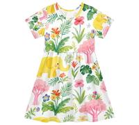GuoChe Vestidos de verano para niñas, vestido de verano de manga corta para niñas, Árbol rubor y elefantes amarillos, 3 años