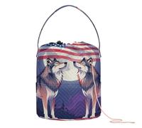 GuoChe Wolf 4 de julio Bandera de Estados Unidos, lobos aulladores bajo la luna, ganchillo, almacenamiento de ganchillo, con agujeros, bolsa de viaje para suministros de arte, almacenamiento de punto
