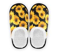 GuoChe Zapatillas de casa para hombre y mujer, forro polar mullido, suela antideslizante, para casa, interior, talla M, Girasoles amarillos sobre fondo negro, Medium