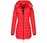 GUOCU Chaqueta Acolchada Ligera para Mujeres Encapuchado,Estilo Ajustado Longitud Media Color Sólido Chaqueta De Pluma Comodidad Cremallera Invierno Cálido Abajo con Bolsillos,Rojo,L