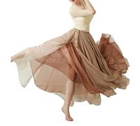 GUOCU Mujer 720 Grados Degradado de Color Falda de Gasa Doble Capa Falda de Columpio Grande Traje de actuación en el Escenario Chino Clásico Falda de Danza Fluida Dividida Profesional Khaki XL