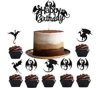 Guoguonb Decoración para tartas de dragón negro, 1 adorno grande para tarta de cumpleaños feliz y 24 unidades, diseño de dragón volador para tartas de cumpleaños, decoración para cupcakes para