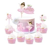 Guoguonb Decoración para tartas de niña de ballet, 1 adorno grande para tarta de cumpleaños y 6 piezas temáticas de ballet cupcakes para heredera bonita niña decoración para tartas de fiesta de