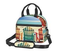GUOLGP Bolsa de almuerzo aislada para estudiantes, con diseño de escena de playa con sillas, correa ajustable para el hombro, trabajo, viajes, picnic