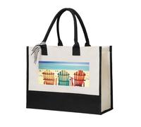 GUOLGP Bolsa de lona con estampado de escena de playa con sillas para mujer, para playa, viajes, escuela, oficina, uso diario, bolsas de compras