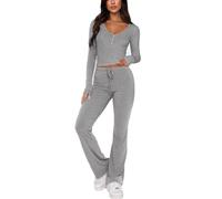 GUOLHUAJIN Women's 2 Piece Outfit Sets Long Sleeve Button Knit Long Sleeve Crop Top Leg Pants Matching Lounge Set (Medium,Gray)