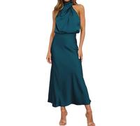 GUOLHUAJIN Women's Elegant Satin Maxi Dress Sleeveless Mock Neck Cocktail Party Dresses Formal Maxi Dress (Small,Lake Blue)