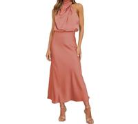 GUOLHUAJIN Women's Elegant Satin Maxi Dress Sleeveless Mock Neck Cocktail Party Dresses Formal Maxi Dress (Small,Orange)