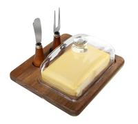Guolich Mantequillera con Tapa y Cuchillo - Butter Dish - Quesera Cristal con Base de Acacia, Campana para 250 g de Mantequilla, Mantequera Francesa Cuadrada para butter, Queso, Tarta, Desayuno