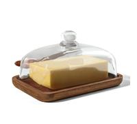 Guolich Mantequillera con Tapa y Cuchillo - Butter Dish - Quesera Cristal con Base de Acacia, Campana para 250 g de Mantequilla, Mantequera Francesa Cuadrada para butter, Queso, Tarta, Desayuno