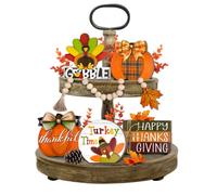 Guoofu Bandeja escalonada de Accin de Gracias Decoracin de Otoo Granja Pavo Bandeja Decoraciones Lazo a Cuadros Calabaza Hoja de Arce Letreros