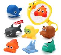 Guopai Juguetes de Baño Bebé - Set 9 Piezas Juguetes Bañera Sin Agujeros Antimoho, Animales Flotantes de Goma con Red Patito, Juguete Bañera Bebe, Juguetes Agua y Piscina para Bebés y Niños
