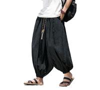 GUOYUXIAO Men's Pants Autumn Retro Drawstring Chinese Style Loose Fit Trouser for Man-Black-Large