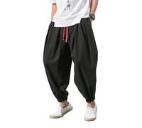 GUOYUXIAO Men's Pants Loose Cotton Linen Drawstring Wide-Legged Harlan Trouser-Black-Large