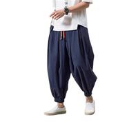 GUOYUXIAO Men's Pants Loose Cotton Linen Drawstring Wide-Legged Harlan Trouser-Blue-Medium