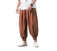 GUOYUXIAO Men's Pants Loose Cotton Linen Drawstring Wide-Legged Harlan Trouser-Coffee-Medium