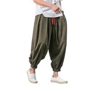 GUOYUXIAO Men's Pants Loose Cotton Linen Drawstring Wide-Legged Harlan Trouser-Green0-Large