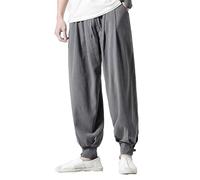 GUOYUXIAO Men's Pants Summer Linen Straight Wide-Leg Pants High Street Loose Fit Trouser for Man-Grey-Small