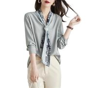 GUOYUXIAO Women's Shirt Blue Silk Bow Tie Blouse Spring Fall Chiffon Shirt-Color1-Small